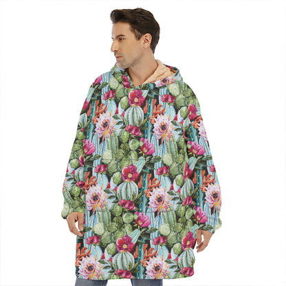 Vintage Cactus And Flower Print Hoodie Blanket