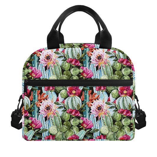 Vintage Cactus And Flower Print Insulated Lunch Bag