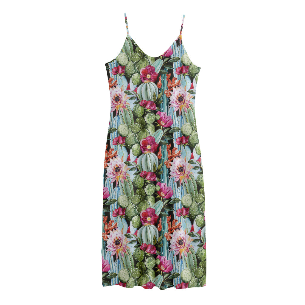 Vintage Cactus And Flower Print Jersey Midi Cami Dress