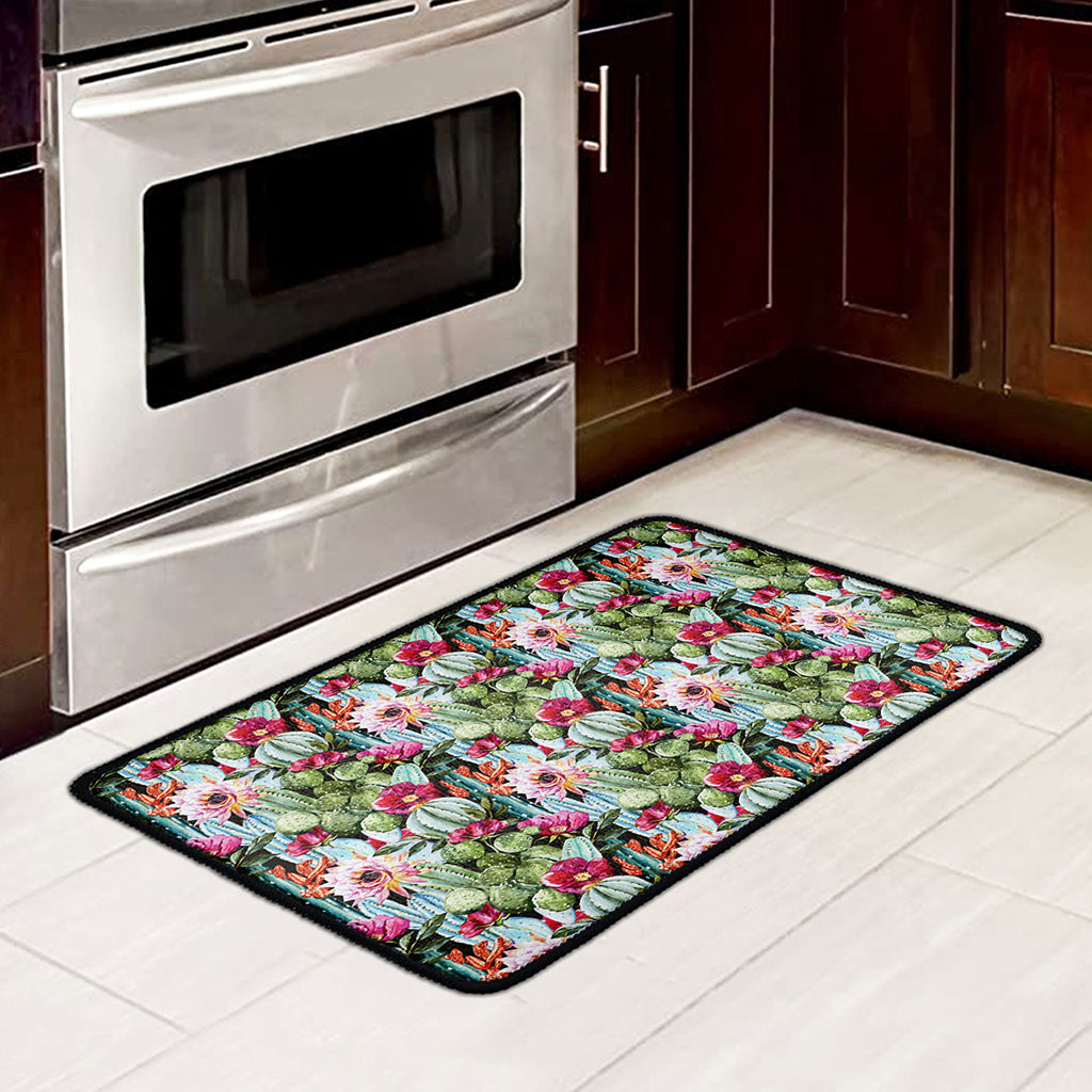 Vintage Cactus And Flower Print Kitchen Mat
