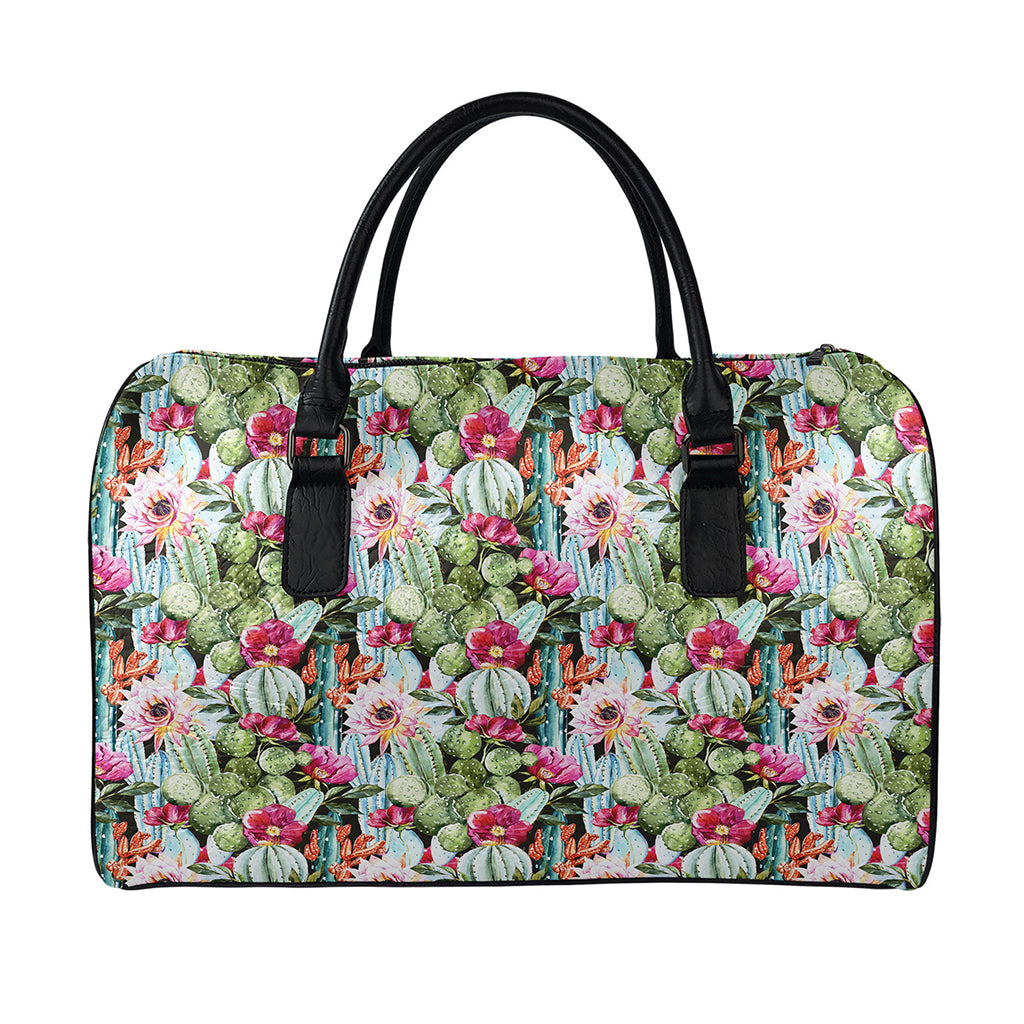 Vintage Cactus And Flower Print Leather Duffle Bag