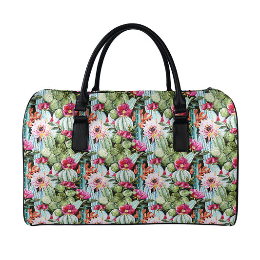 Vintage Cactus And Flower Print Leather Duffle Bag