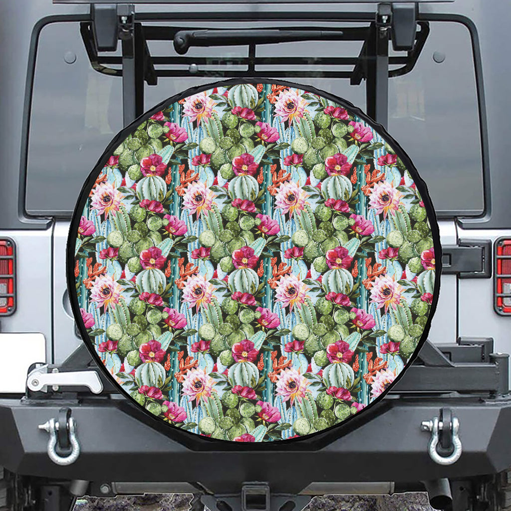 Vintage Cactus And Flower Print Leather Spare Tire Cover
