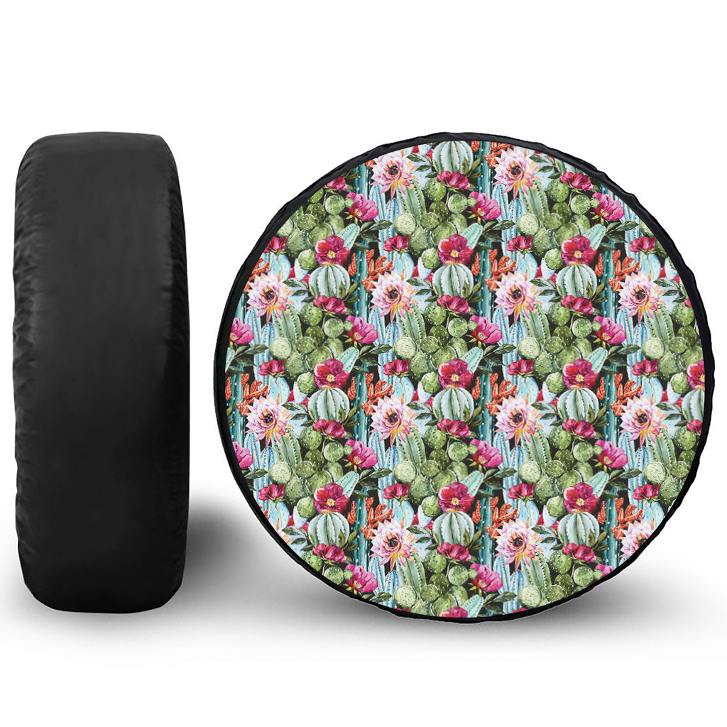 Vintage Cactus And Flower Print Leather Spare Tire Cover