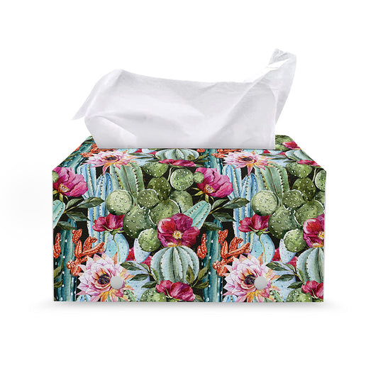 Vintage Cactus And Flower Print Leather Tissue Box Cover