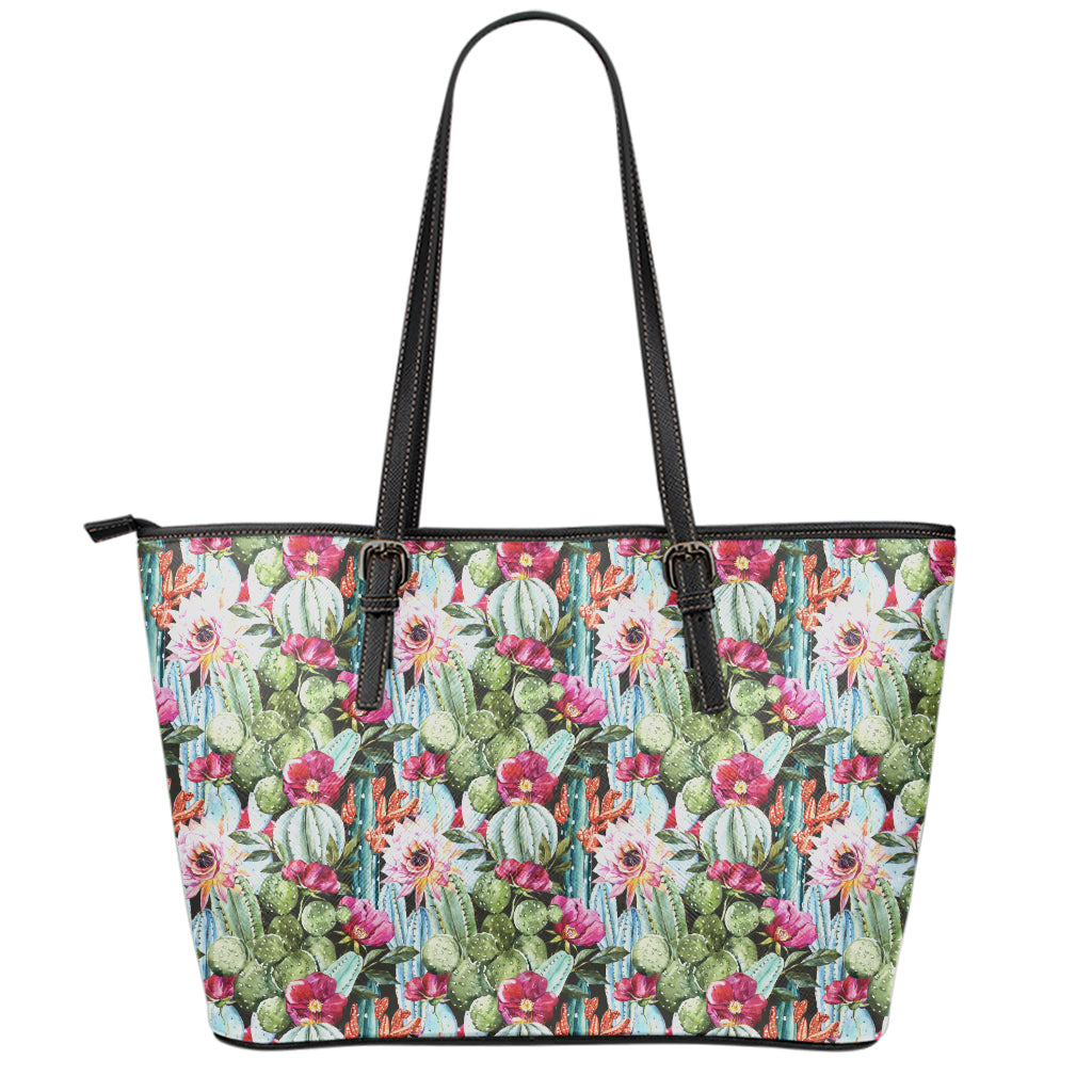 Vintage Cactus And Flower Print Leather Tote Bag