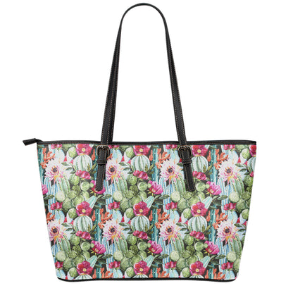 Vintage Cactus And Flower Print Leather Tote Bag