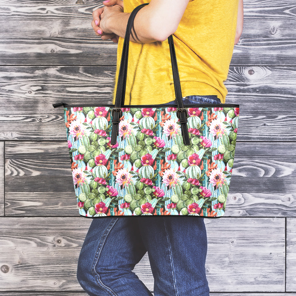Vintage Cactus And Flower Print Leather Tote Bag