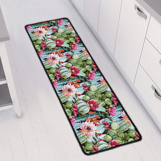 Vintage Cactus And Flower Print Long Kitchen Mat