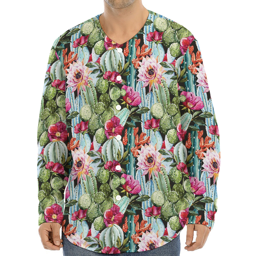 Vintage Cactus And Flower Print Long Sleeve Baseball Jersey