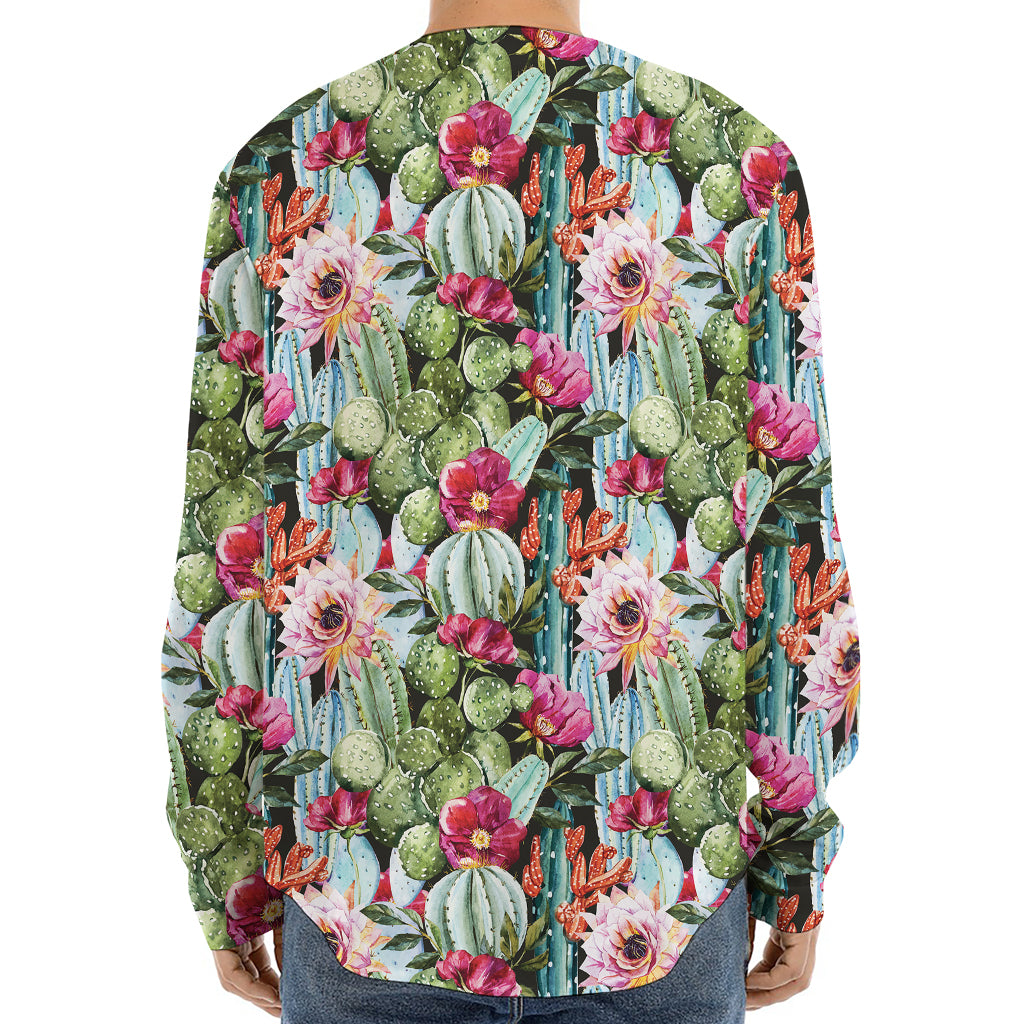 Vintage Cactus And Flower Print Long Sleeve Baseball Jersey