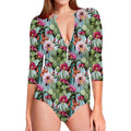 Vintage Cactus And Flower Print Long Sleeve Swimsuit