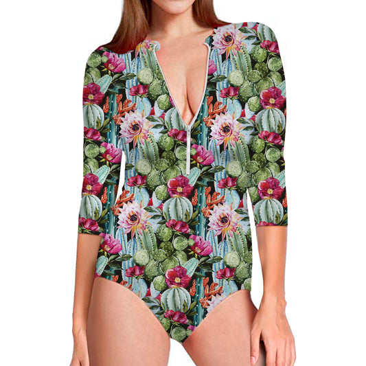 Vintage Cactus And Flower Print Long Sleeve Swimsuit