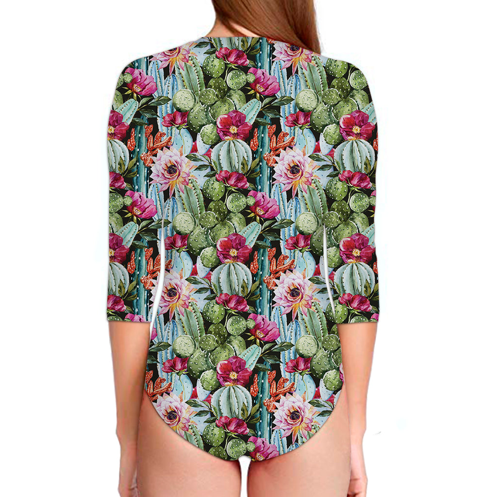 Vintage Cactus And Flower Print Long Sleeve Swimsuit