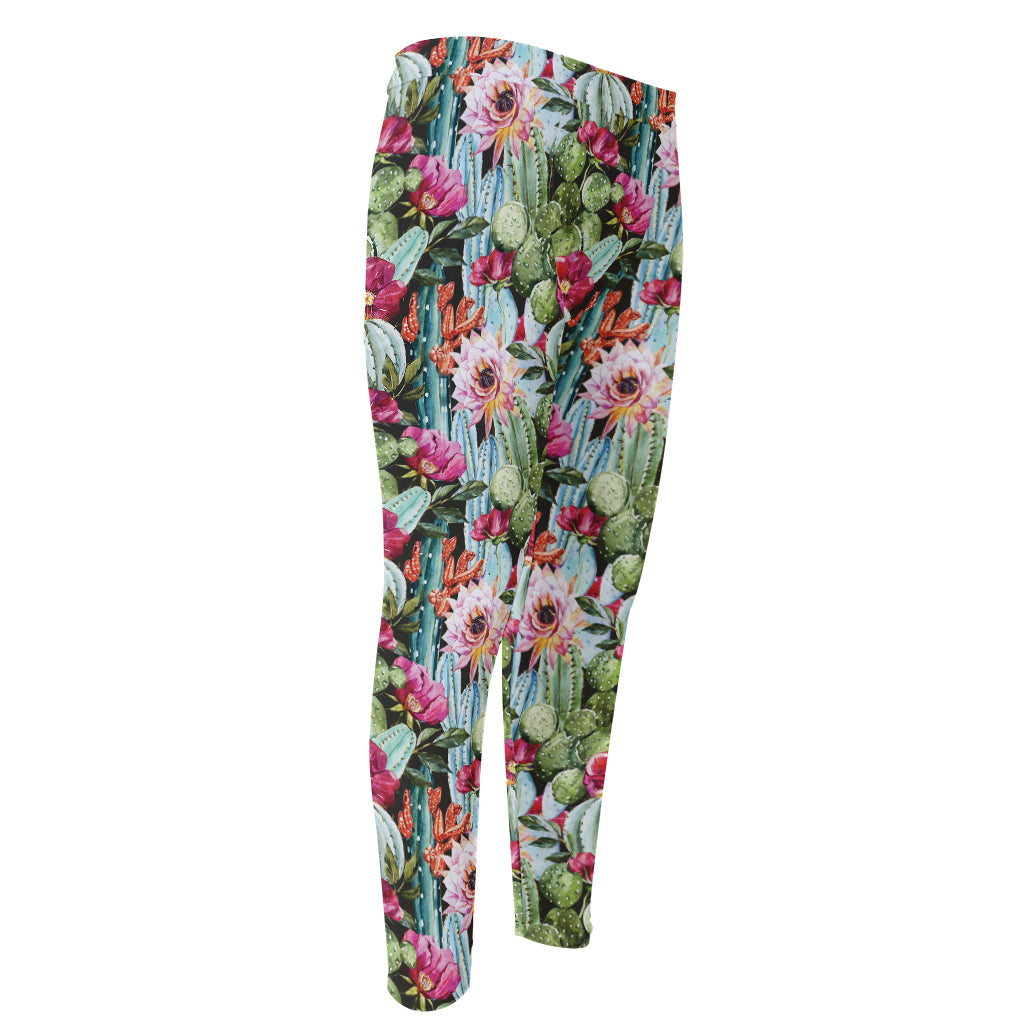 Vintage Cactus And Flower Print Men's Compression Pants