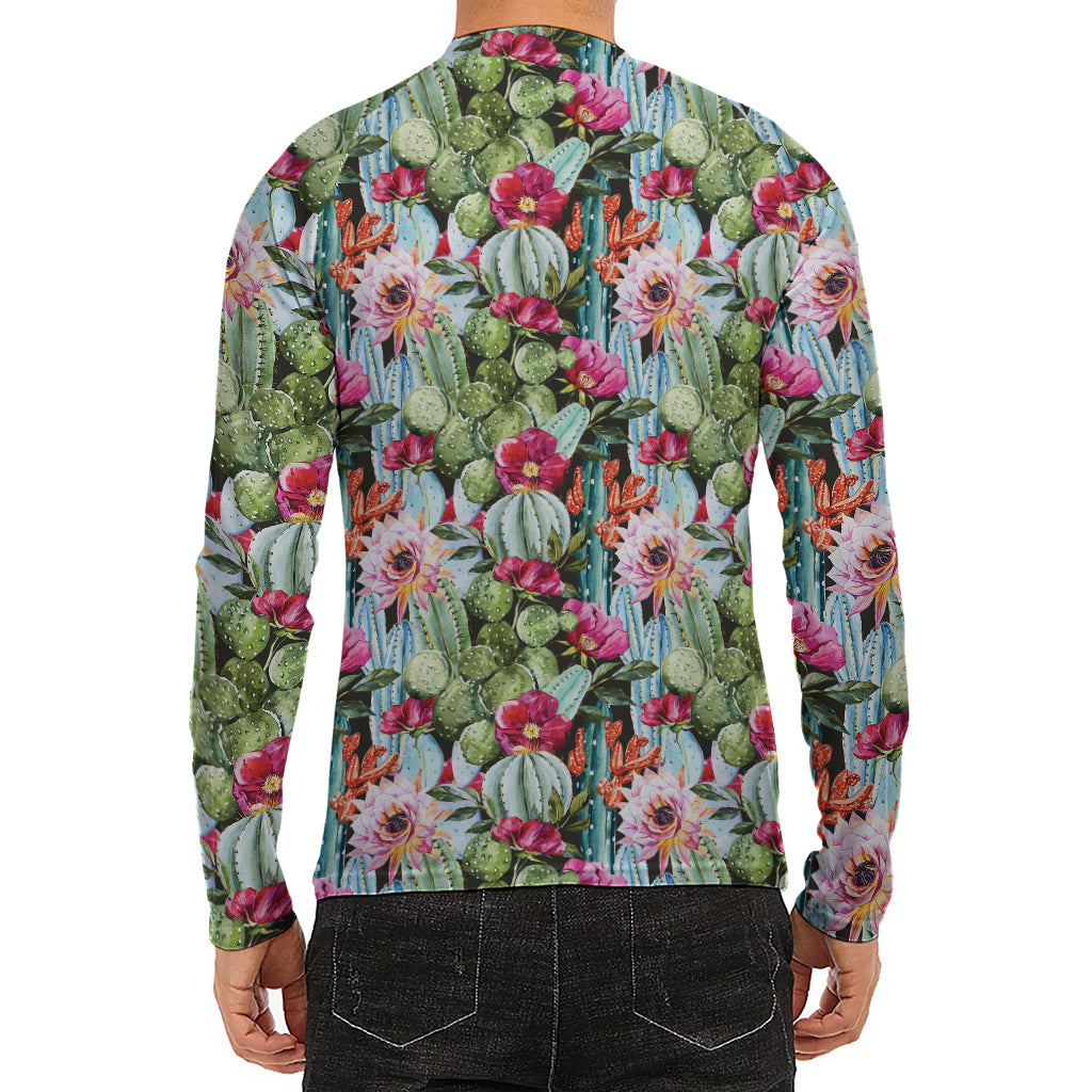 Vintage Cactus And Flower Print Men's Long Sleeve Rash Guard