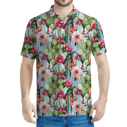 Vintage Cactus And Flower Print Men's Polo Shirt