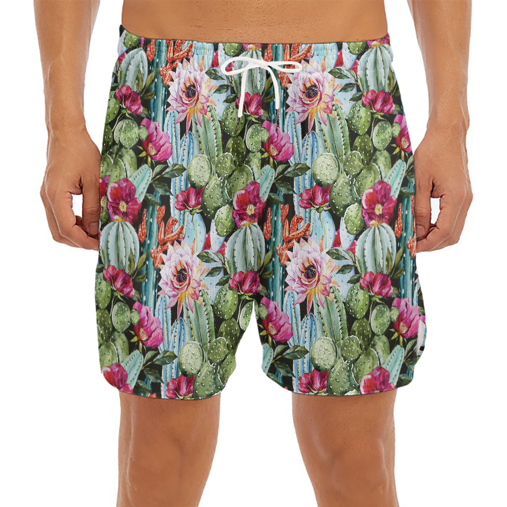 Vintage Cactus And Flower Print Men's Split Running Shorts