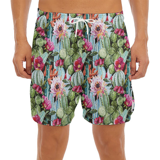 Vintage Cactus And Flower Print Men's Split Running Shorts