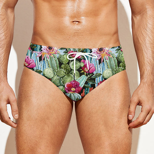 Vintage Cactus And Flower Print Men's Swim Briefs