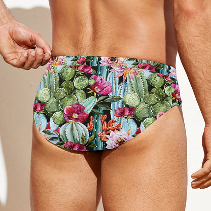 Vintage Cactus And Flower Print Men's Swim Briefs