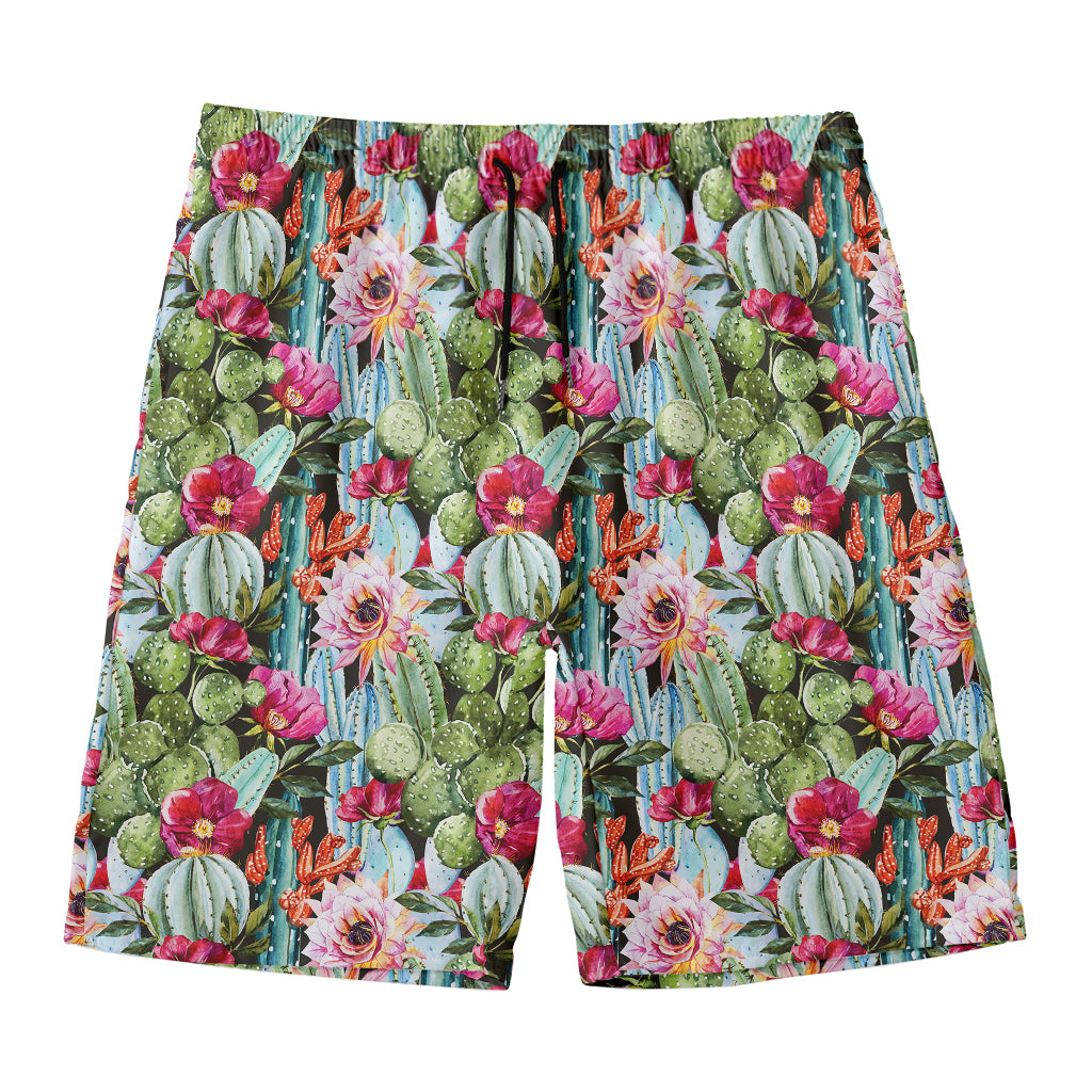 Vintage Cactus And Flower Print Men's Swim Trunks