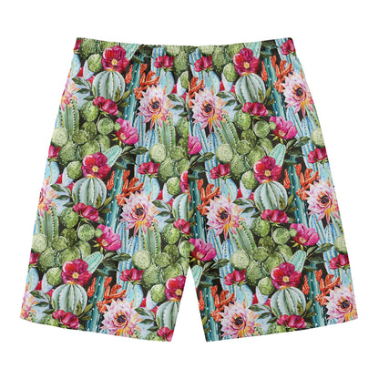 Vintage Cactus And Flower Print Men's Swim Trunks