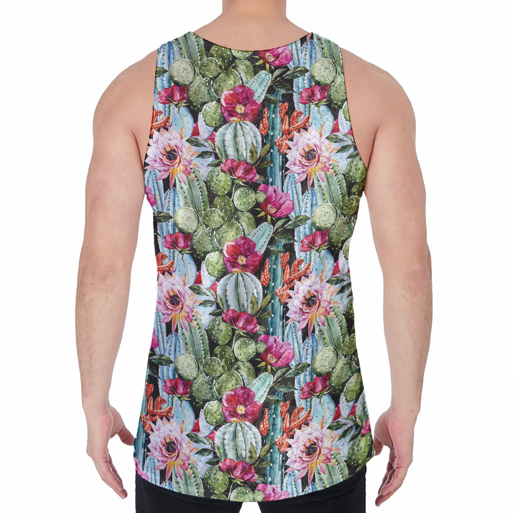 Vintage Cactus And Flower Print Men's Velvet Tank Top