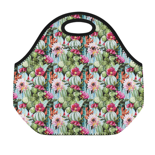 Vintage Cactus And Flower Print Neoprene Lunch Bag