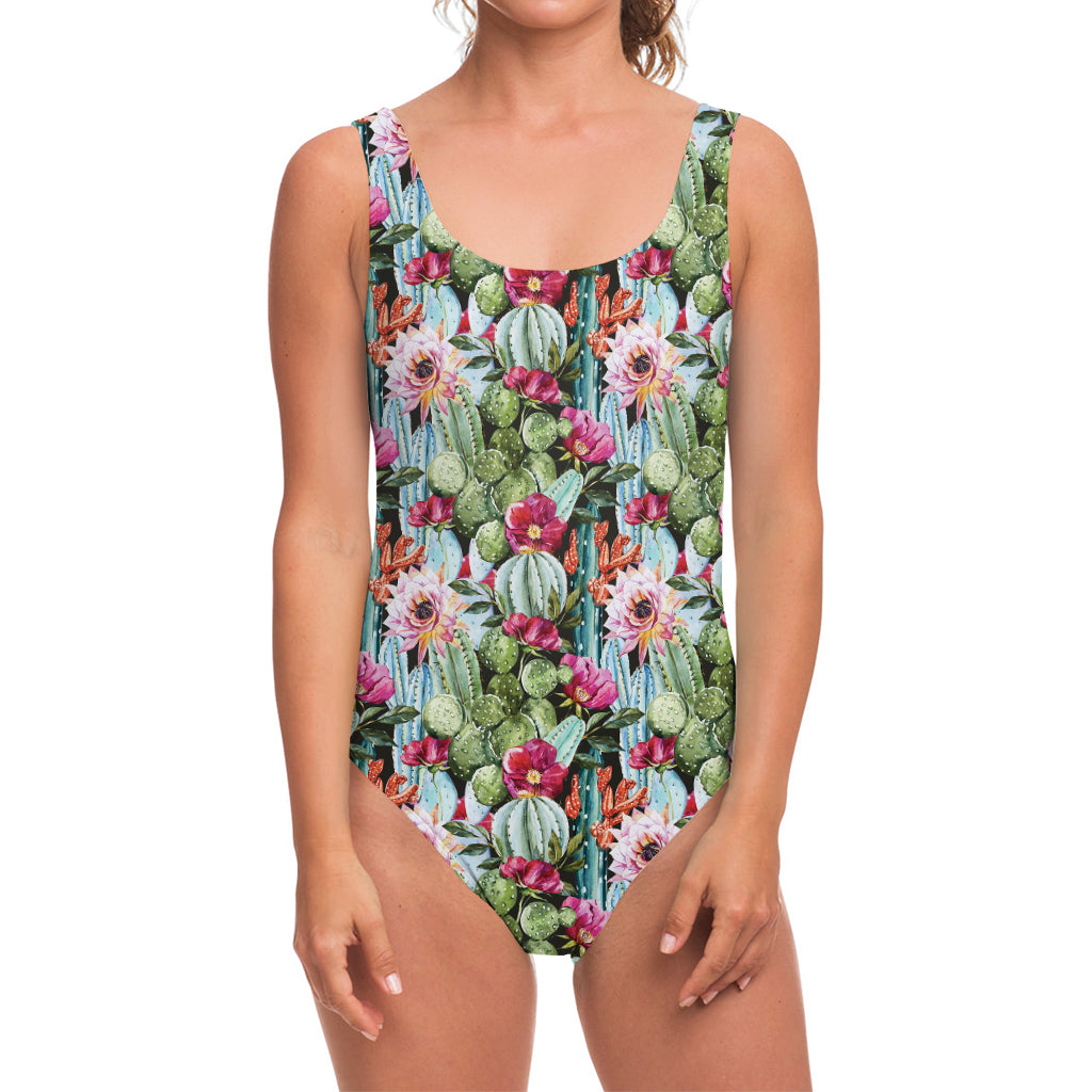 Vintage Cactus And Flower Print One Piece Swimsuit