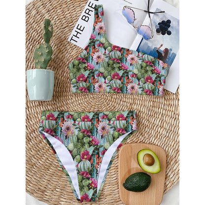 Vintage Cactus And Flower Print One Shoulder Bikini Top