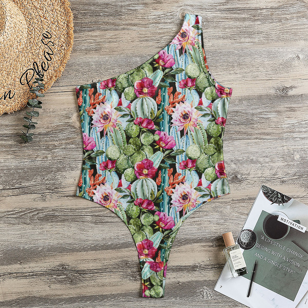 Vintage Cactus And Flower Print One Shoulder Bodysuit