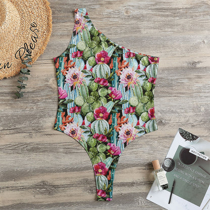 Vintage Cactus And Flower Print One Shoulder Bodysuit