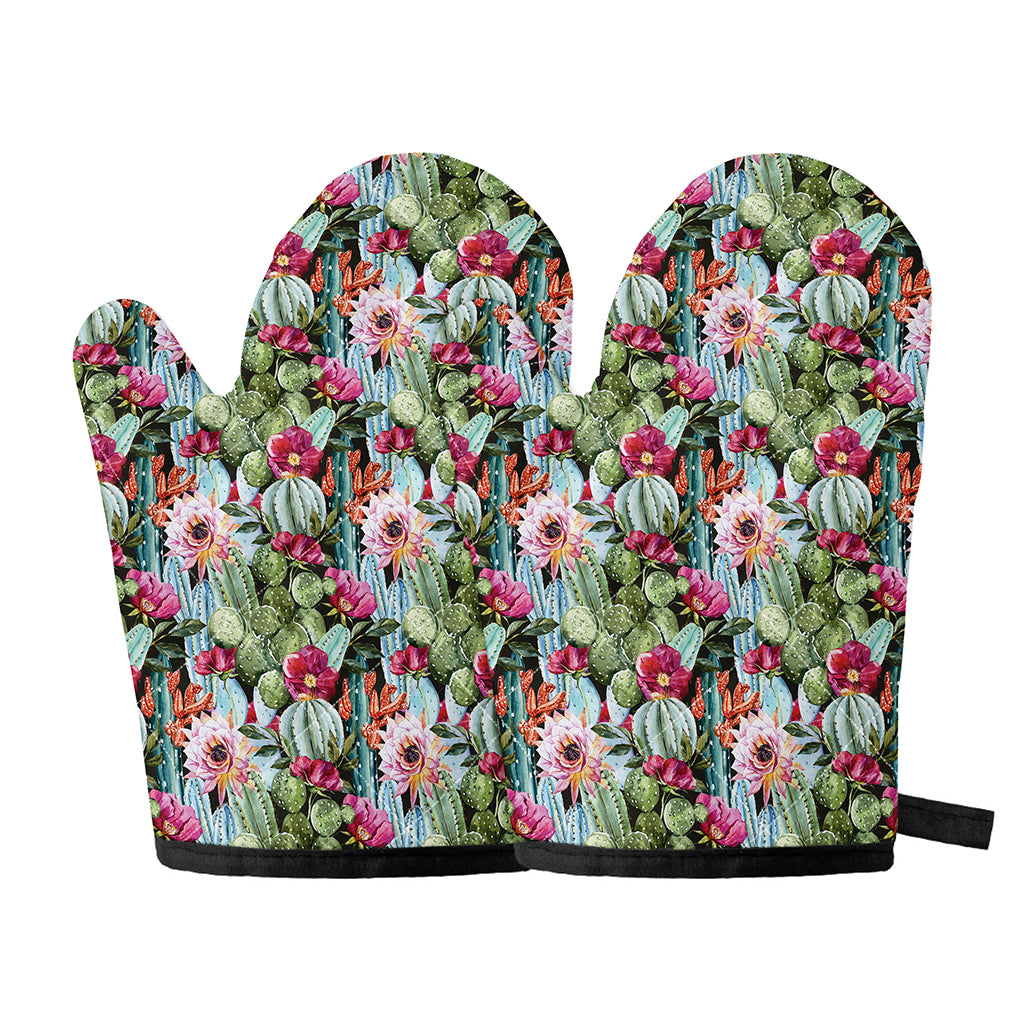 Vintage Cactus And Flower Print Oven Mitts