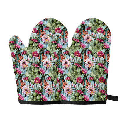 Vintage Cactus And Flower Print Oven Mitts