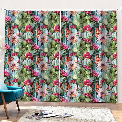 Vintage Cactus And Flower Print Pencil Pleat Curtains