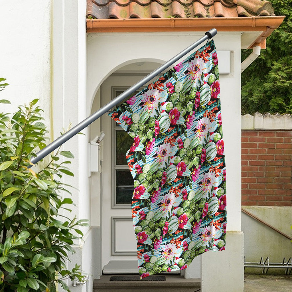 Vintage Cactus And Flower Print Polyester Flag