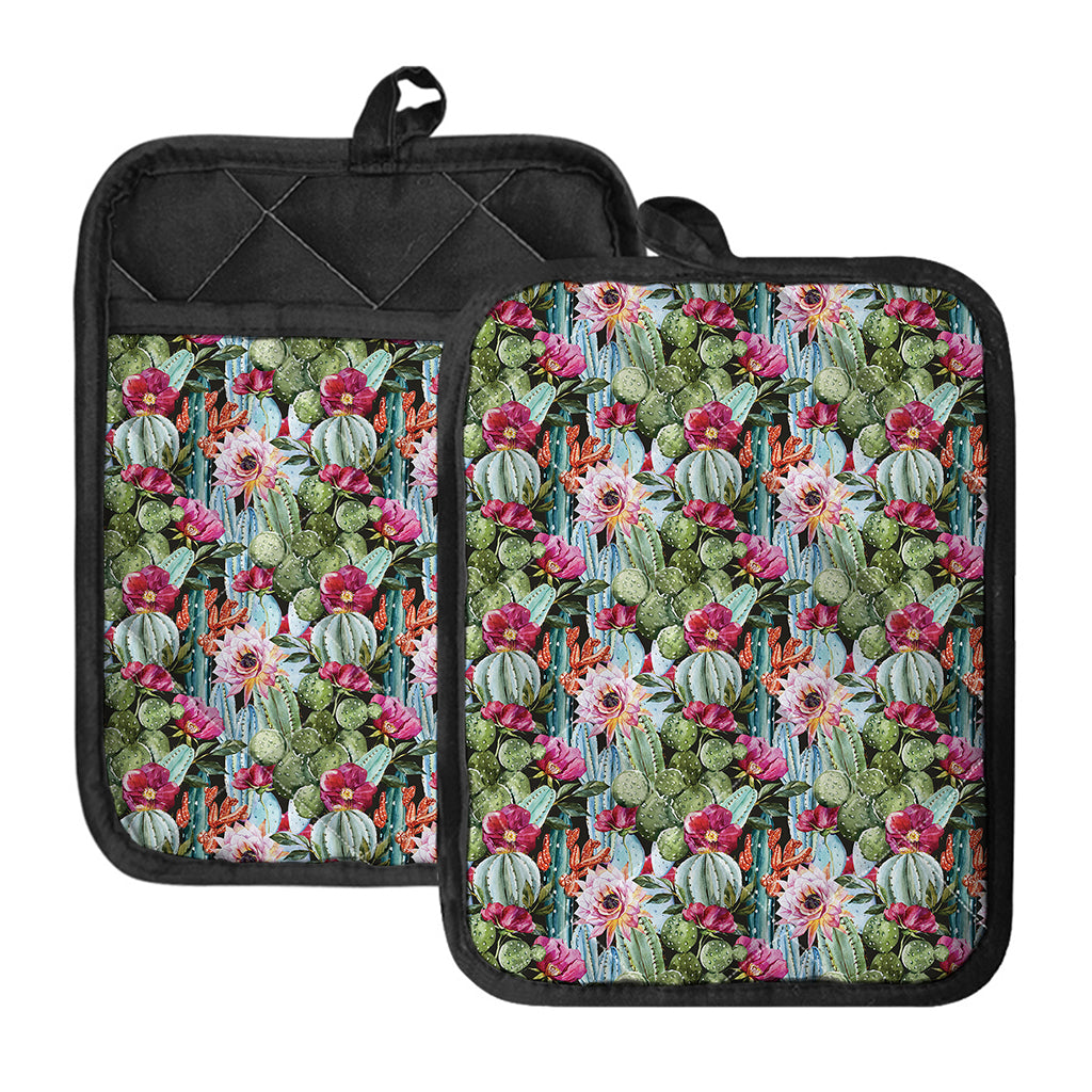 Vintage Cactus And Flower Print Pot Holders With Pocket