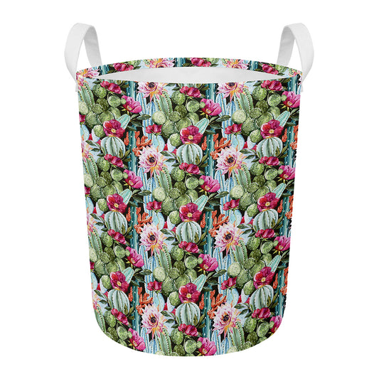 Vintage Cactus And Flower Print Round Laundry Basket