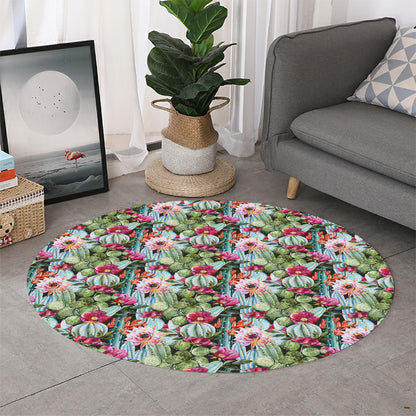 Vintage Cactus And Flower Print Round Rug