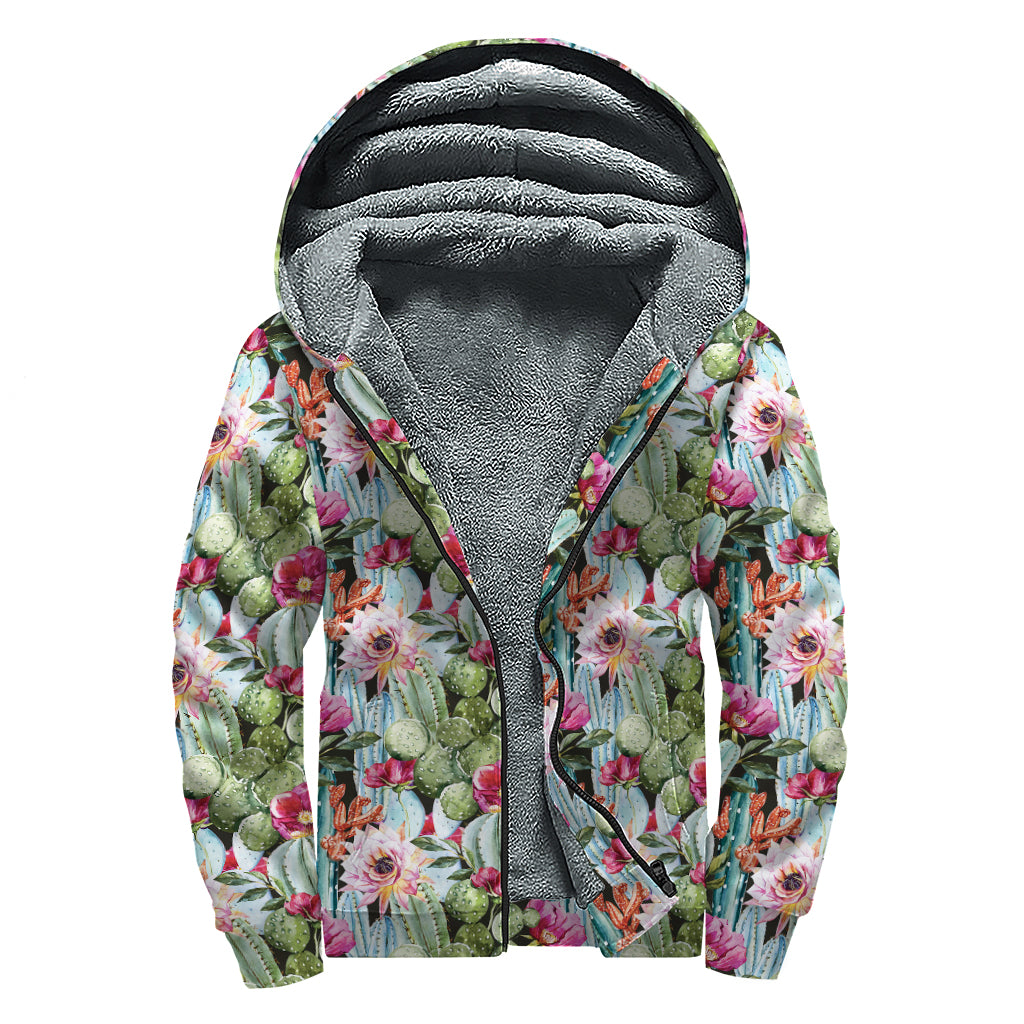 Vintage Cactus And Flower Print Sherpa Lined Zip Up Hoodie