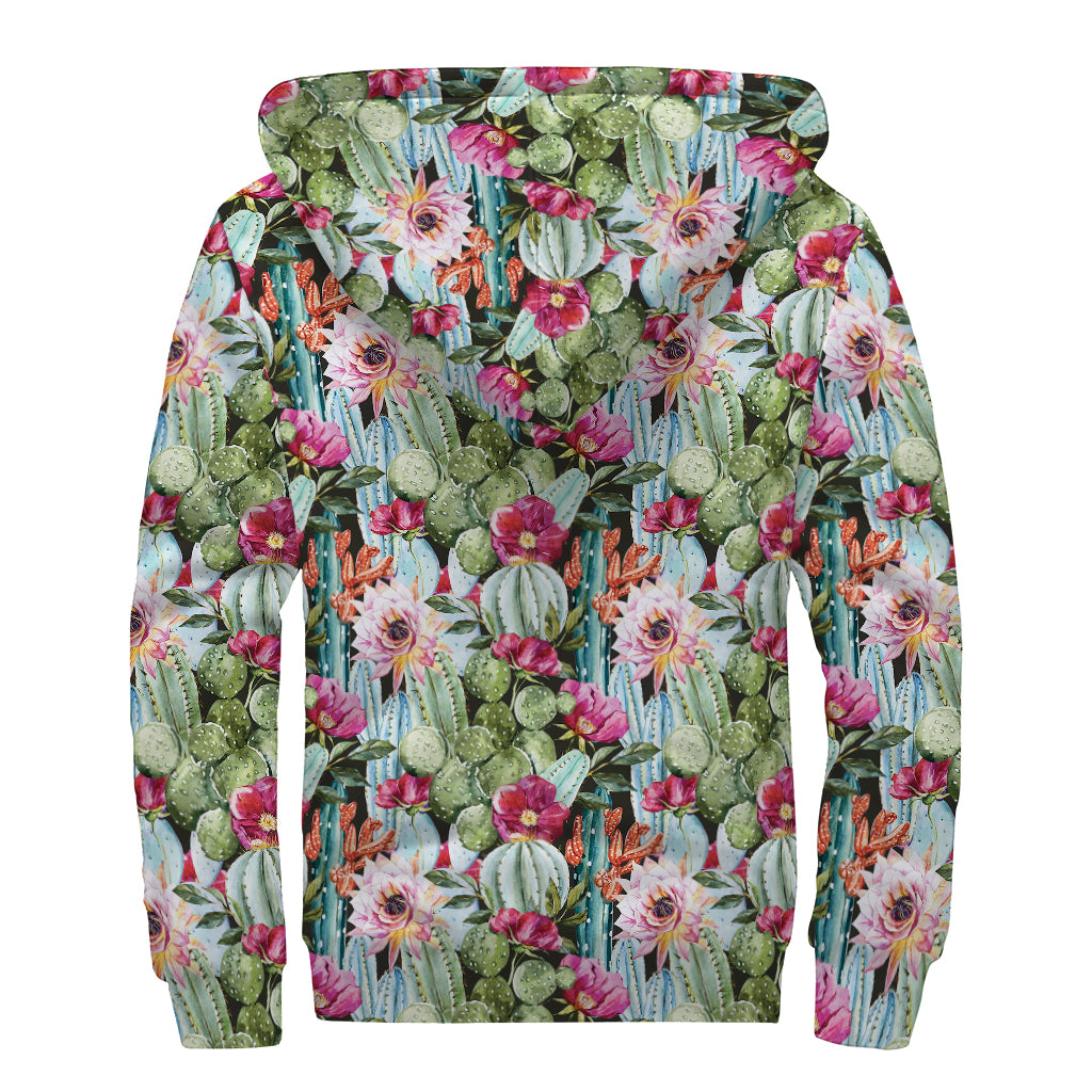 Vintage Cactus And Flower Print Sherpa Lined Zip Up Hoodie