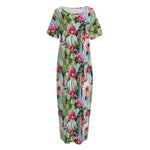 Vintage Cactus And Flower Print Short Sleeve Long Nightdress