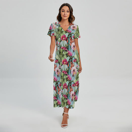 Vintage Cactus And Flower Print Short Sleeve Maxi Dress