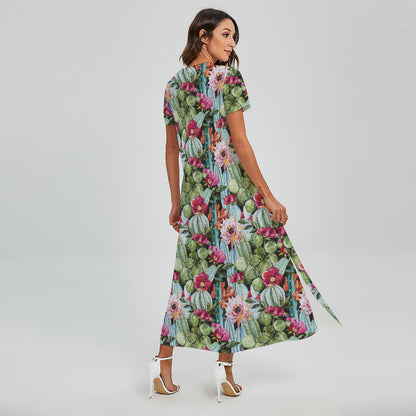 Vintage Cactus And Flower Print Short Sleeve Maxi Dress