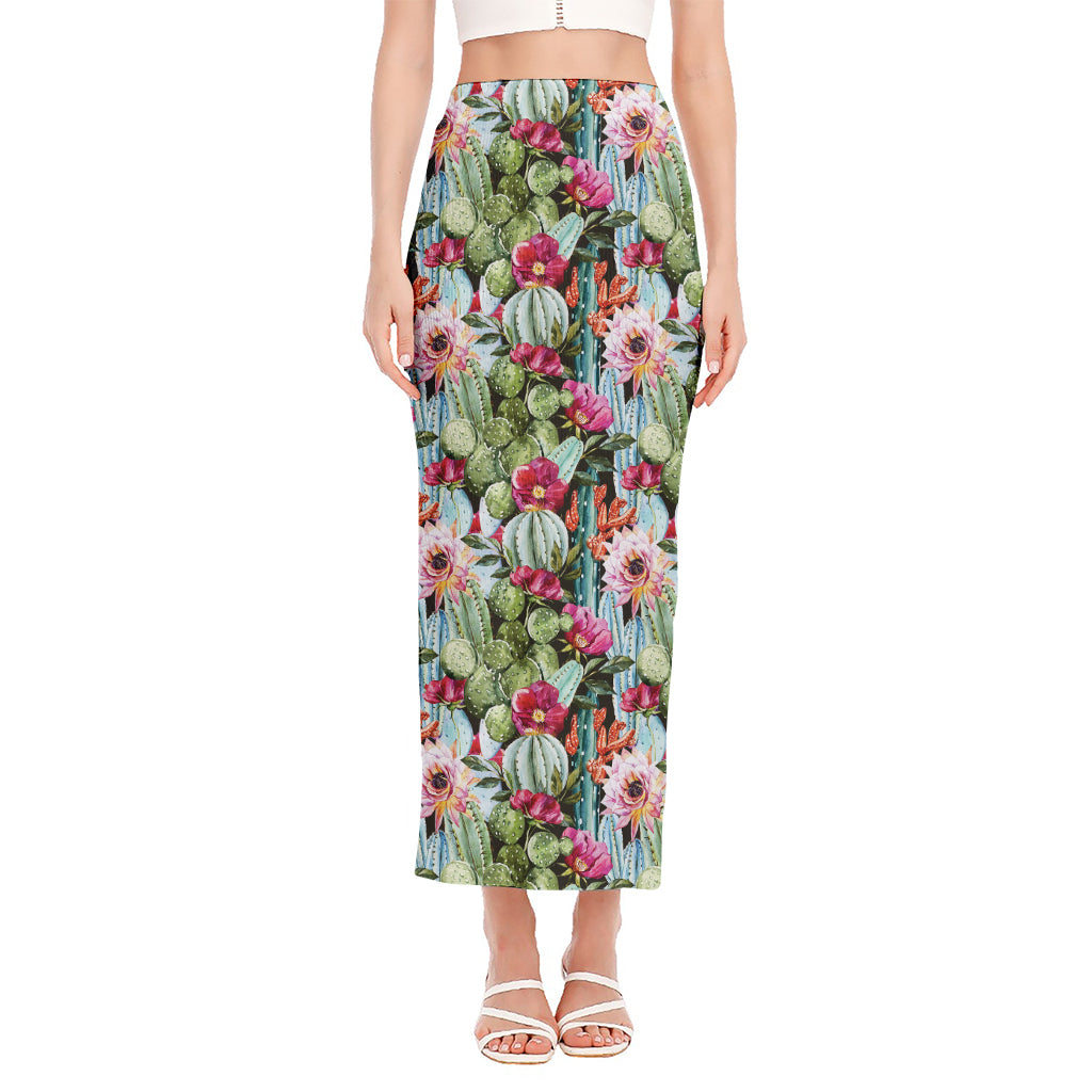 Vintage Cactus And Flower Print Side Slit Maxi Skirt
