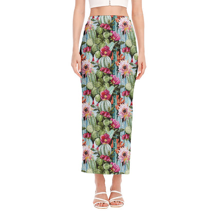 Vintage Cactus And Flower Print Side Slit Maxi Skirt