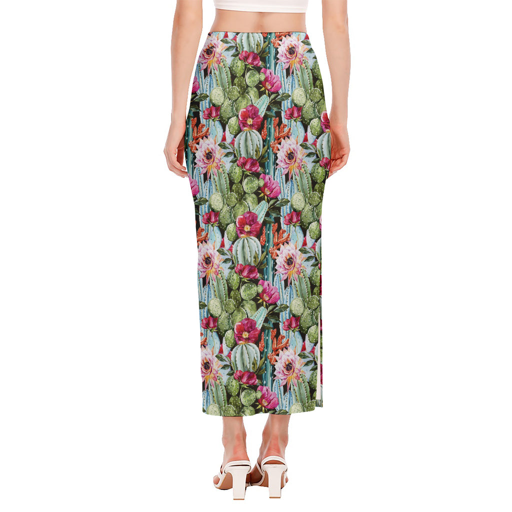 Vintage Cactus And Flower Print Side Slit Maxi Skirt