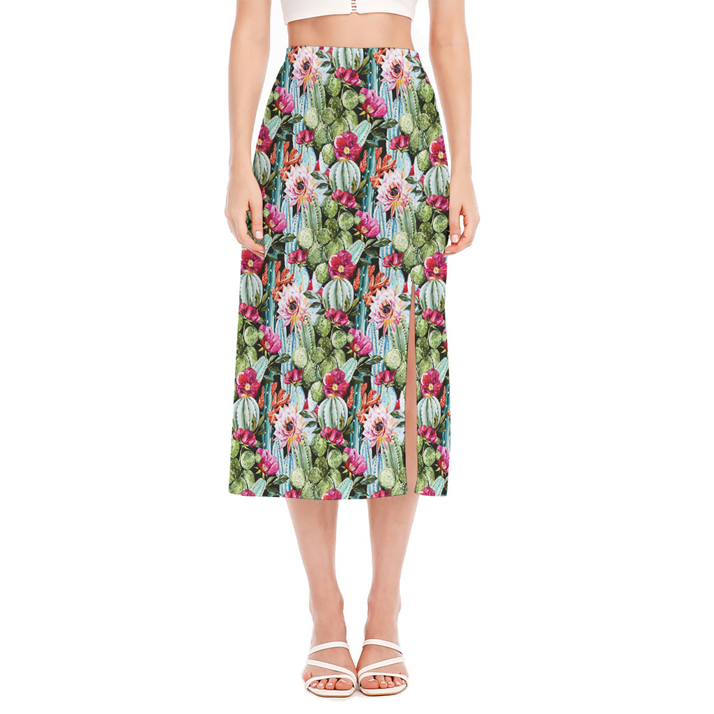 Vintage Cactus And Flower Print Side Slit Midi Skirt