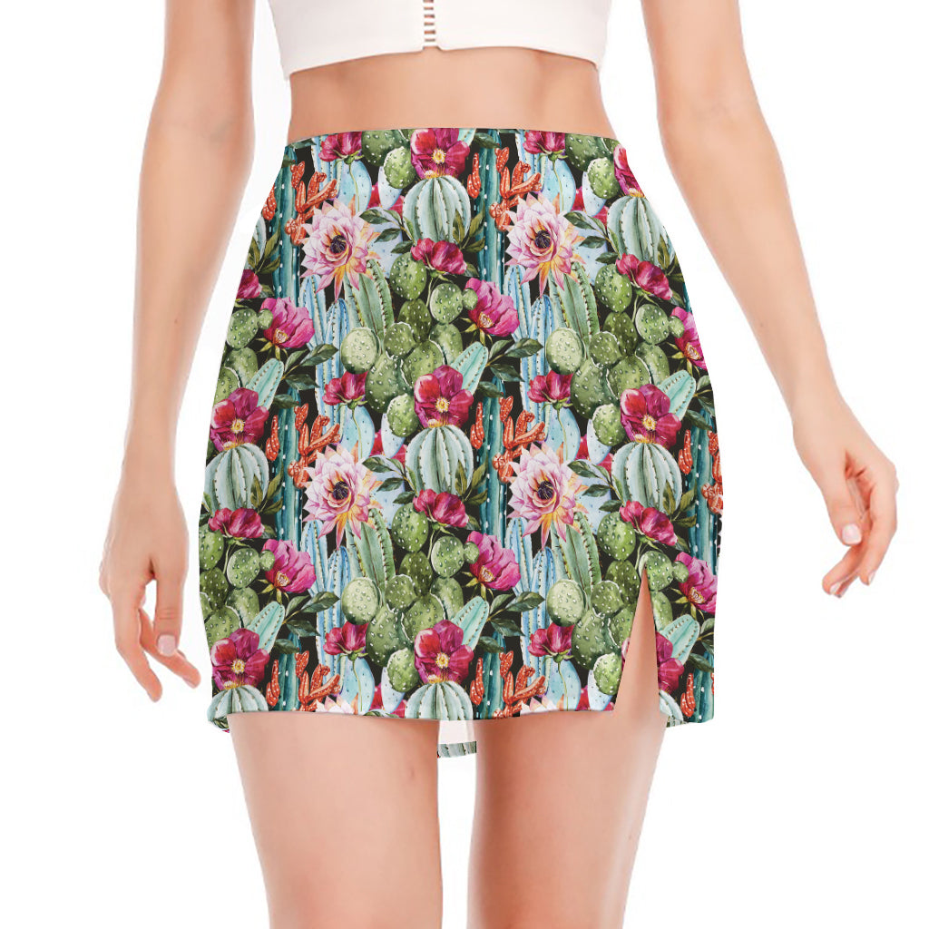 Vintage Cactus And Flower Print Side Slit Mini Skirt